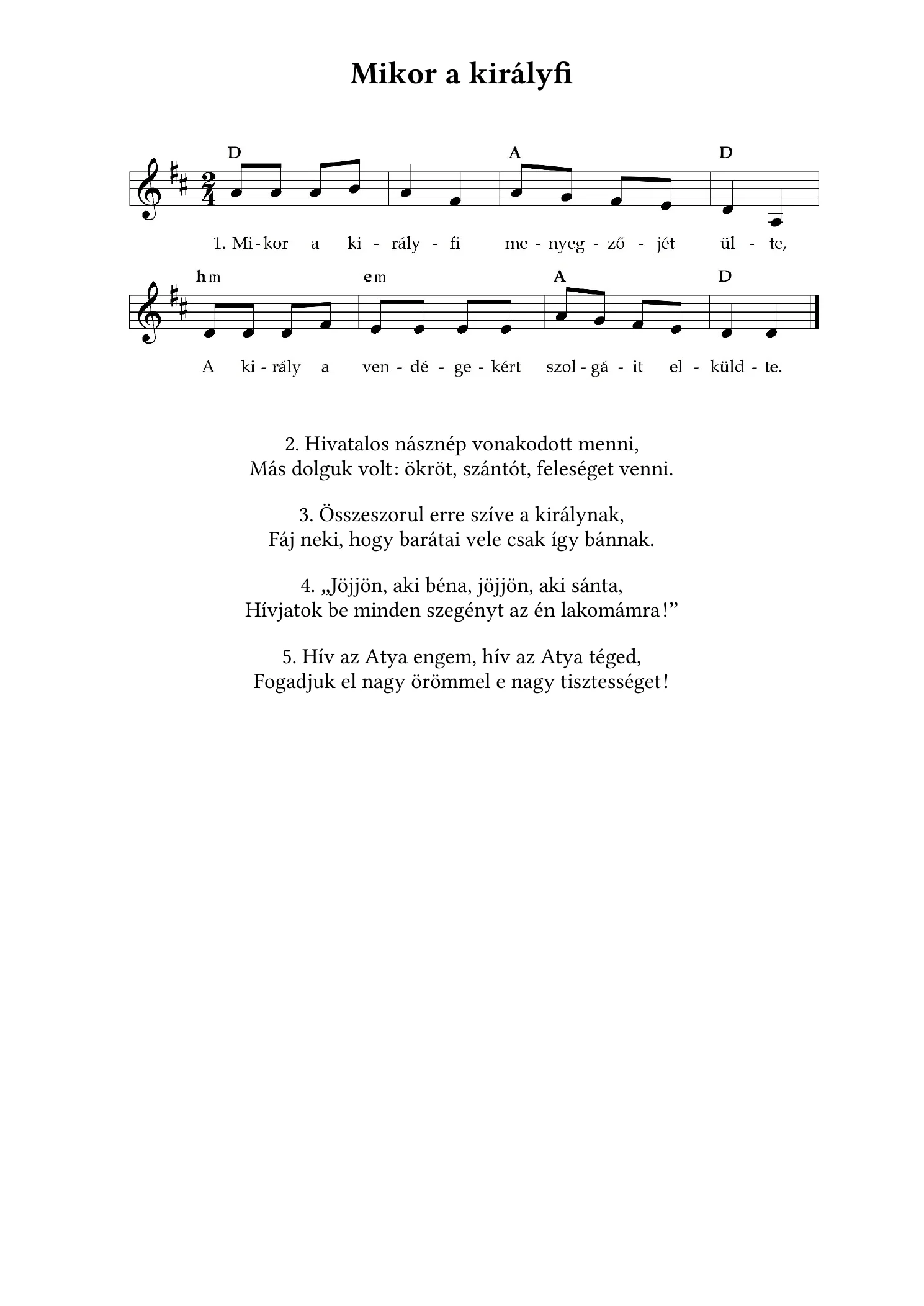 Mikor a királyfi – kotta, 1. oldal